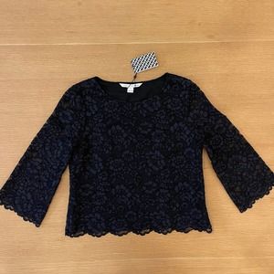 Women's Diane Von Furstenburg Size 8 Krishna Top Black Lace Flutter Sleeve New